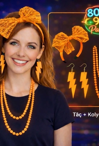80’ler 90’lar Neon Turuncu Parti Seti – Kolye Küpe Taç (4940)