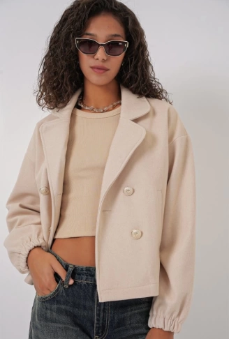 9117 Kruvaze Yaka Crop Ceket - Bej