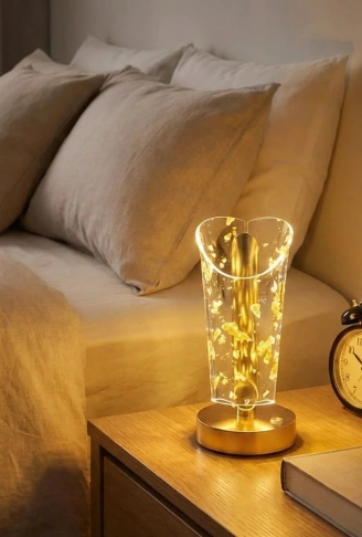 Açık Silindirik Kristal Altın Toz Model LED Masa Lambası – Gold Tabanlı, Dokunmatik, 3 Renk Işık Modlu, Şarjlı Modern Dekoratif Gece Lambası (4940)