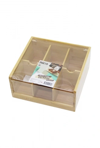 AHŞAP BAMBU 6 BÖLMELİ  POŞET ÇAY KUTUSU MİKA PLASTİK KAPAK  21X20X10CM (4940)