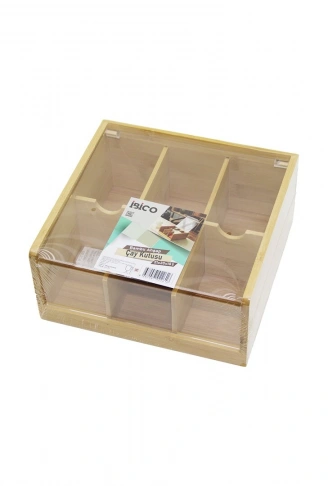 AHŞAP BAMBU 6 BÖLMELİ  POŞET ÇAY KUTUSU MİKA PLASTİK KAPAK  21X20X10CM (4940)