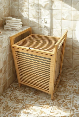 AHŞAP BAMBU KİRLİ ÇAMAŞIR SEPET KUMAŞ ÇANTALI SEPET=40X35X60CM (4940)