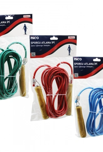 AHŞAP SAPLI PVC ATLAMA İPİ RENKLİ 5MT (4940)