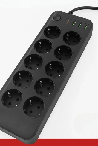 Akım Korumalı Termal Uzatma Kablosu – 10 Priz, 2 USB ve 2 Type-C Girişli, Güçlü Çoklu Priz (4940)
