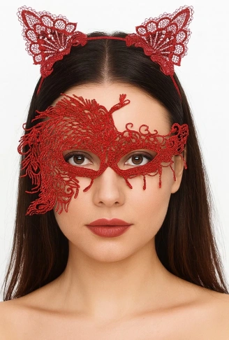 Alevin Zarafeti Kırmızı Dantel Maske ve Taç Seti 4 No – Kadın Kostüm Tamamlayıcı (4940)