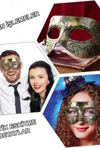 Altın Eskitme Yüz Maskesi - Antik Tarz Balo Maskesi (4940)