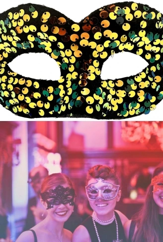 Altın Renk Arkadan Lastikli Pul Payet İşlemeli Balo After Parti Maskesi (4940)