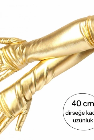 Altın Renk Dirsek Altı Lüks Saten Eldiven 40 cm (4940)