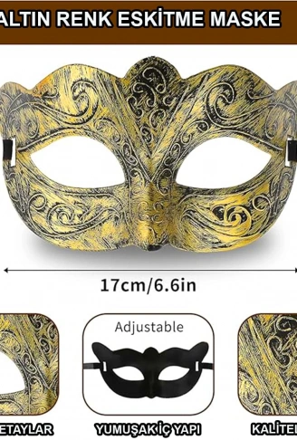Altın Renk Eskitme Maskeli Balo Maskesi – Venedik Tarzı Parti Maskesi (4940)