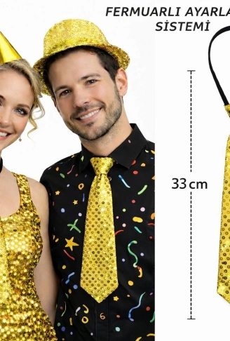 Altın Renk Pul Payetli Işıltılı Parti Kravatı 33 cm (4940)