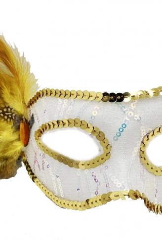 Altın Renk Yandan Tüylü Pul Payet İşlemeli Parti Maskesi 23x12 cm (4940)
