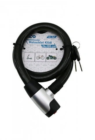 ANAHTARLI METAL KAPLAMA KAFA ÇEK-İT KİLİT KAPAK MOTOR - BİSİKLET KİLİT ÇELİK TEL SİYAH ŞEFFAF KILIF 24MMX100CM (4940)