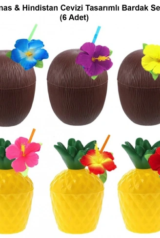 Ananas &amp;amp; Hindistan Cevizi Tasarımlı Pipetli Bardak Seti (6 Adet) (4940)