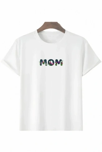 Anneler Günü Hediye Mom Çiçek Baskılı Oversize Bisiklet Yaka T-shirt - Beyaz