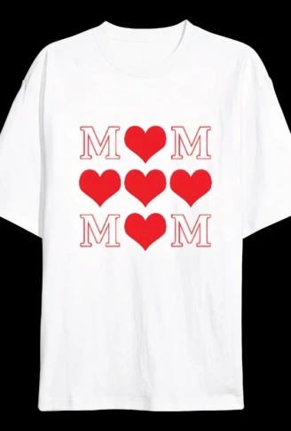 Anneler Günü Hediye MOM Kalp Baskılı Oversize Bisiklet Yaka T-shirt - Beyaz