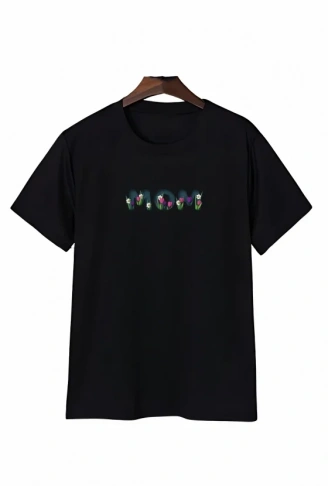 Anneler Günü Mom Çiçek Temalı Baskılı Oversize Bisiklet Yaka T-shirt - Siyah