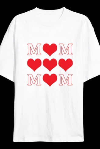 Anneler Gününe Özel Tasarım MOM Kalp Baskılı T-shirt - Beyaz