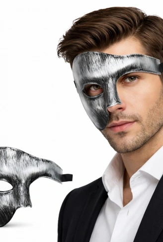 Antik Eskitme Gümüş Erkek Yarım Maske - Phantom &amp;amp; Balo Maskesi (4940)