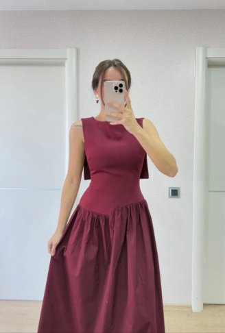 Arkası Kanatlı Uzun Elbise- Bordo