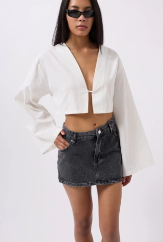 Asimetrik Bel Denim Mini Etek