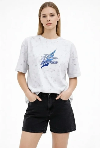 Asit Yıkamalı Oversize Tişört Future Worlds Baskılı Bisiklet Yaka Kısa Kollu Streetwear %100 Pamuk Street Style T-Shirt - Beyaz