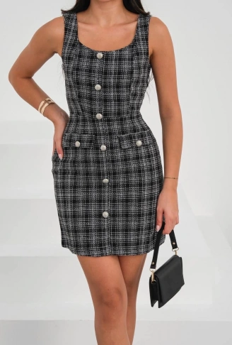 Askılı ch kumaş düğmeli elbise siyahbeyaz h265007