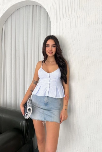 Askılı Dekolte Deraylı Crop - Açık Mavi