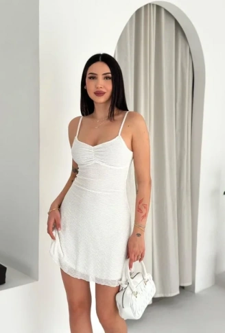 Askılı Mini Elbise Drapeli Göğüs Detay Likralı Yazlık Fit - Beyaz