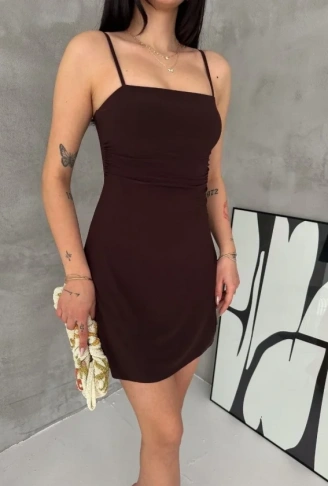 Askılı Şifon Mini Elbise Drapeli Bel Vücuda Oturan Yazlık Şık - Kahverengi