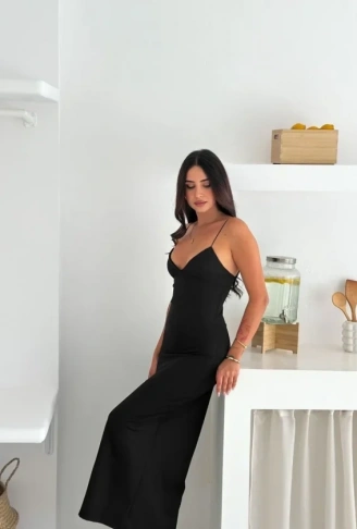 Askılı Uzun Elbise V Yaka Şık Gece Elbisesi Vücuda Oturan - Siyah