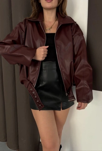 Astarlı kemerli pb deri ceket bordo onst