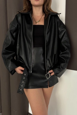 Astarlı kemerli pb deri ceket siyah onst