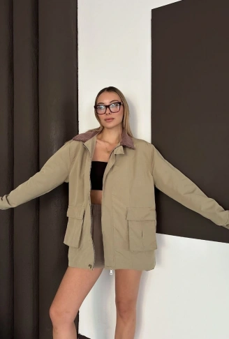 Astarlı yaka detaylı artos ceket haki st2651019