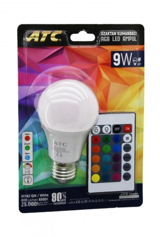 ATC-RGB-9W  KUMANDALI   9W=60W  RGB=16-RENKLİ LED AMPUL E27 800 LÜMEN 6500K 25.000 SAAT ÖMÜR (4940)