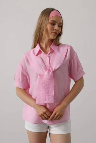 Atkı Detaylı Yarım Kol Gömlek - Pembe