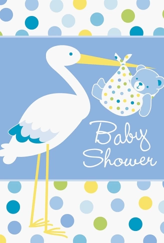 Baby Boy Stork Temalı Mavi Renk Baby Shower Davetiye 8 Adet (4940)