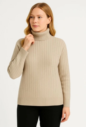 Balıkcı Yaka Bağazlı Triko Kazak Pamuklu Kalın Fitilli Dokuma - Bej