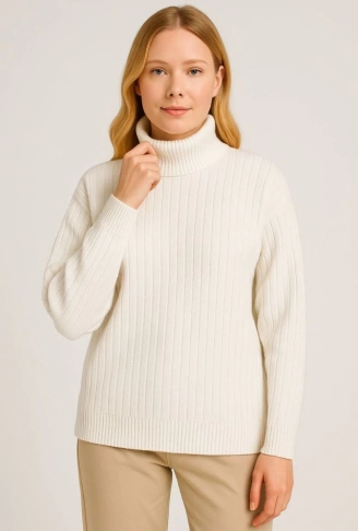 Balıkcı Yaka Bağazlı Triko Kazak Pamuklu Kalın Fitilli Dokuma - Beyaz