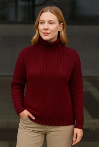 Balıkcı Yaka Bağazlı Triko Kazak Pamuklu Kalın Fitilli Dokuma - Bordo