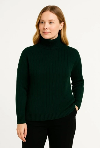 Balıkcı Yaka Bağazlı Triko Kazak Pamuklu Kalın Fitilli Dokuma - Haki