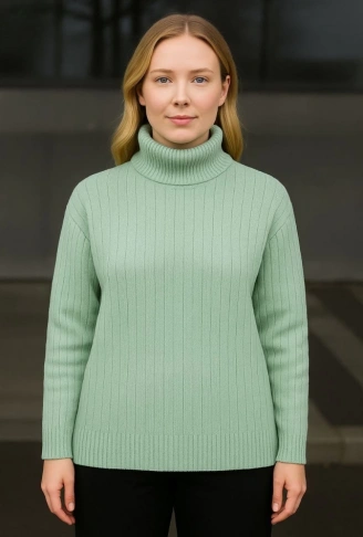 Balıkcı Yaka Bağazlı Triko Kazak Pamuklu Kalın Fitilli Dokuma - Mint Yeşili
