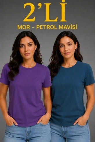 Basic Bisiklet Yaka Yazlık Slim Fit T-Shirt - Mor - Petrol Mavisi