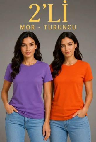 Basic Bisiklet Yaka Yazlık Slim Fit T-Shirt - Mor  - Turuncu