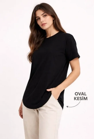 Basic T-Shirt Kısa Kol Bisiklet Yaka Oval Kesim Tişört - Siyah