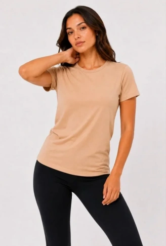 Basic Tişört Bisiklet Yaka Kısa Kol Günlük Yazlık Slim Fit T-Shirt - Bej