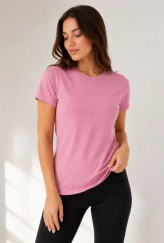 Basic Tişört Bisiklet Yaka Kısa Kol Günlük Yazlık Slim Fit T-Shirt - Pembe