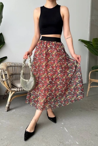 Baskılı astarlı uzun etek