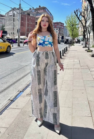 Baskılı Bağcıklı keten pantolon krem