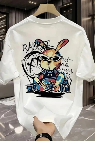 Baskılı Oversize Bisiklet Yaka T-shirt - Beyaz