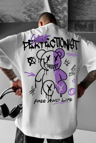 Baskılı Oversize Bisiklet Yaka T-shirt - Beyaz